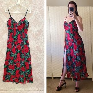 Vintage Gold Label Victoria's Secret 90s Black Red Floral Nightgown Victoria